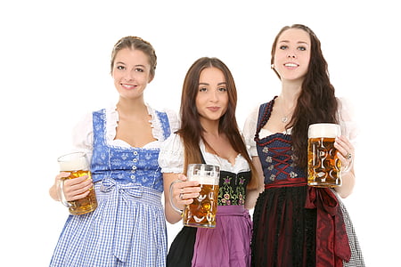 three women wearing dresses standing while folding glass tankards filled with beers thumbnail