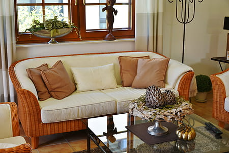 White Suede Loveseat With Brown Wicker Base thumbnail