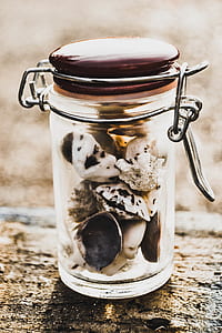 clear glass mason jar filled with sea shells thumbnail