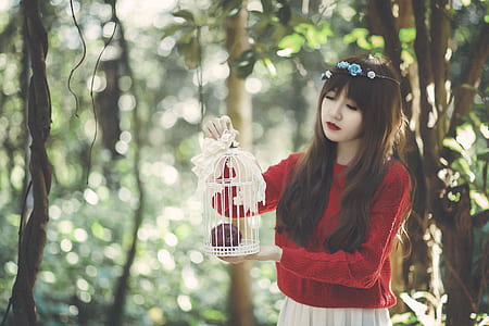 woman holding bird cage on forest thumbnail