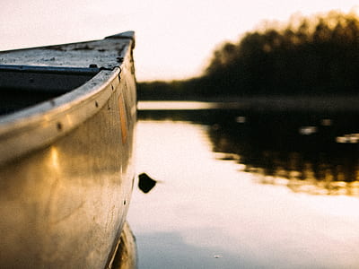 brown boat on calm body of water near trees under white sky thumbnail