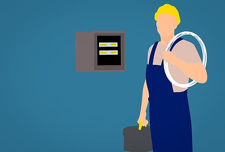 Illustration of electrician with equipment at job site and electrical panel. thumbnail
