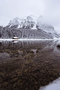 river and tree line below snow covered mountain thumbnail