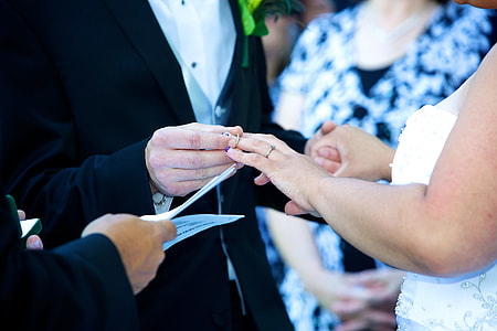 groom putting ring on bride's finger thumbnail