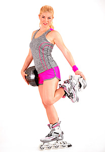 female wearing grey-and-pink sports outfit holding white and grey inline skate thumbnail