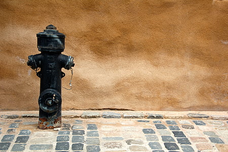black fire hydrant beside brown wall thumbnail