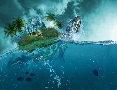 island on back of turtle on body of water thumbnail