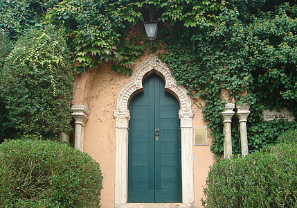 green wooden door surrounded by green leave plants thumbnail
