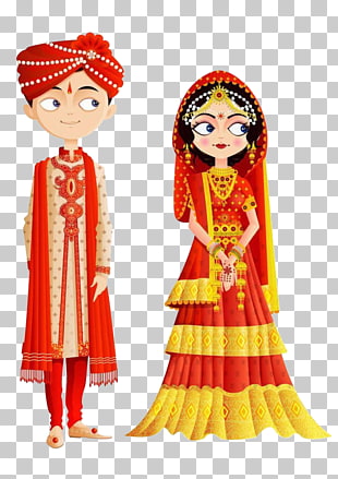 India Wedding invitation Bride , Traditional Indian Wedding Dress, man and woman wearing traditional dress artwork PNG clipart