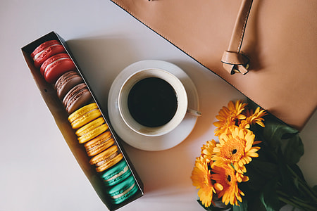 Overhead shot of coffee and macarons thumbnail