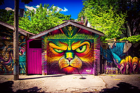 brown, green, and purple animal printed garage door under blue sky thumbnail