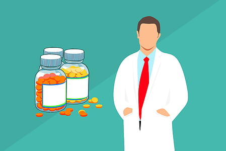 Illustration of a pharmacist and pill bottles. thumbnail
