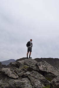 Man With Black Backpack Standing on Rock thumbnail