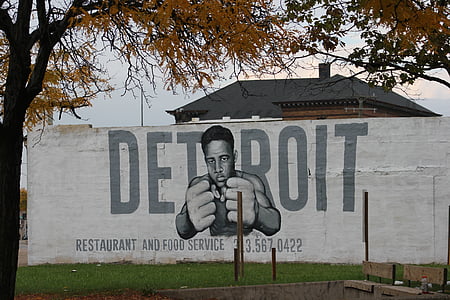 Detroit signage on white concrete fence at daytime thumbnail