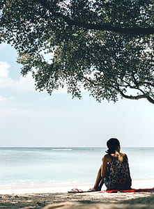 woman sitting beside tree near beach shore thumbnail