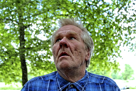 man wearing blue collared shirt looking up while standing under tree outdoors thumbnail