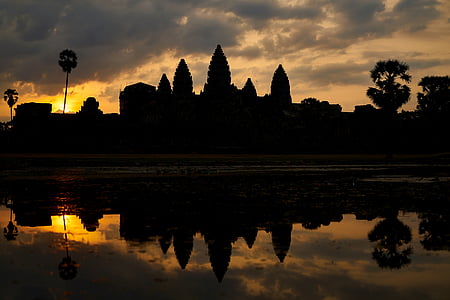 silhouette of trees near body of water during sunset thumbnail