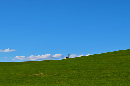 green grassfield with brown house in the middle under blue sky thumbnail