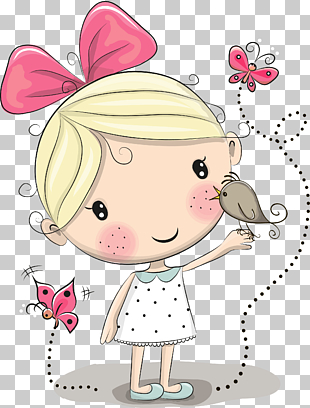 Cartoon Cuteness Drawing, little girl, brown bird perch on girl hand cartoon PNG clipart