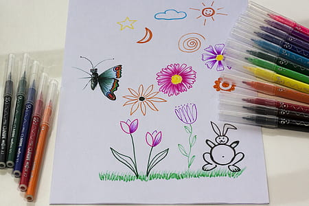 multicolored butterfly and flower drawing with assorted-color marker lot thumbnail