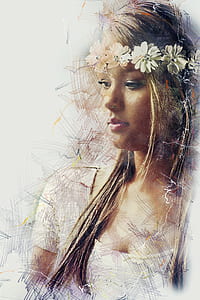 woman wearing white scoop-neck shirt and white floral headdress thumbnail