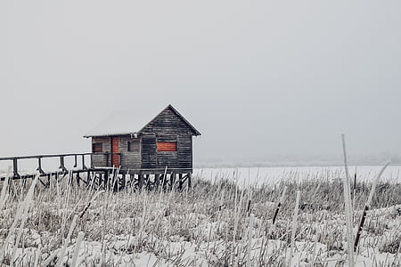blue shack covered with snow thumbnail