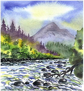 body of water beside mountain painting thumbnail