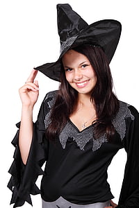 smiling woman wearing witch hat and v-neck top thumbnail