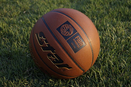 brown FIBA star basketball on green grass thumbnail