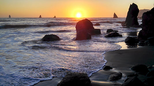 body of water beside rocks during golden hour photography thumbnail