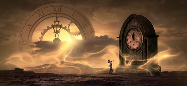 woman standing in front of clock digital wallpaper thumbnail