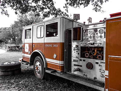 grayscale photo of firetruck under the tree thumbnail