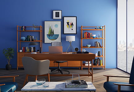 Brown Wooden Desk With Rolling Chair and Shelves Near Window thumbnail
