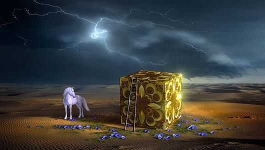white horse and yellow box illustration thumbnail