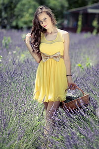 woman wearing yellow sleeveless dress on lavender field thumbnail