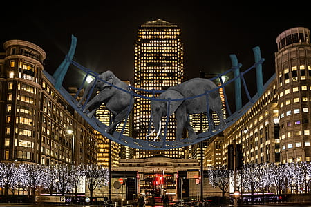 two elephant on bridge statue between buildings thumbnail