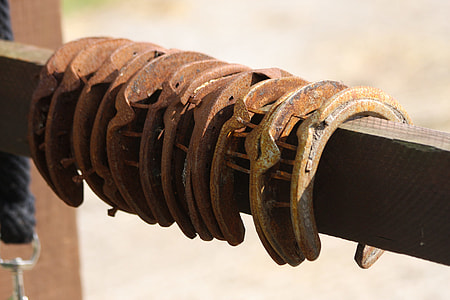 brown metal horseshoes on brown wooden plank thumbnail