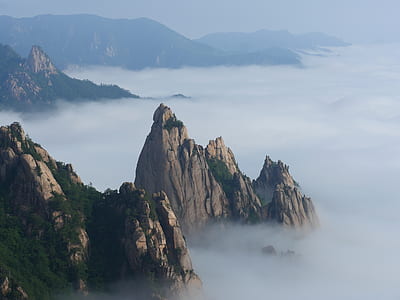 brown mountain with fog at daytime thumbnail