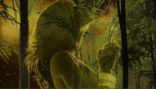 photo of woman on forest background wallpaper thumbnail