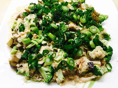 creamed meat with sliced broccoli and greens on plate thumbnail