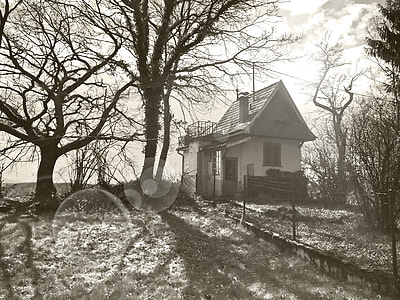 grayscale photo of gray house thumbnail