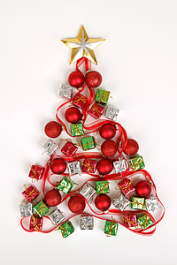red christmas baubles with miniature gift boxes and beige star thumbnail
