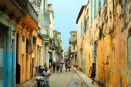 people walking on narrow street thumbnail