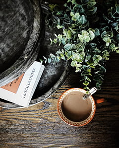 white and orange ceramic mug filled with coffee near plant and book thumbnail