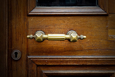 brown wooden door with brass-colored door handle thumbnail