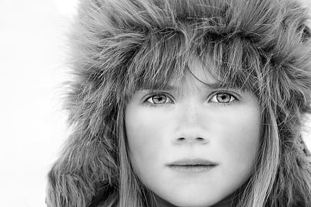 portraiture grayscale photography of woman wearing eskimo coat thumbnail