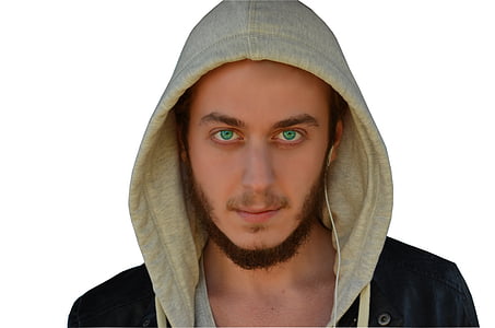 man wearing gray and black hoodie and white earbuds in white background thumbnail