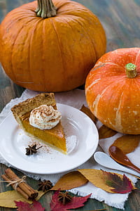 two pumpkins besides pumpkin pie on white ceramic plate near brown and white spoons thumbnail