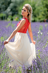woman wearing red and white dress in purple flower field thumbnail