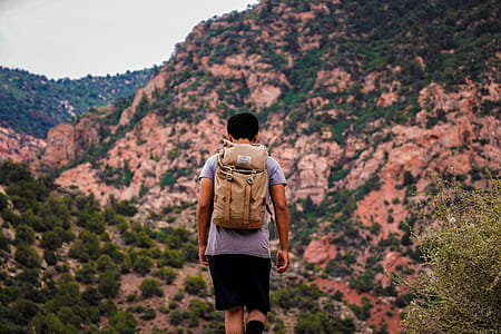 Man Wearing Brown Backpack thumbnail